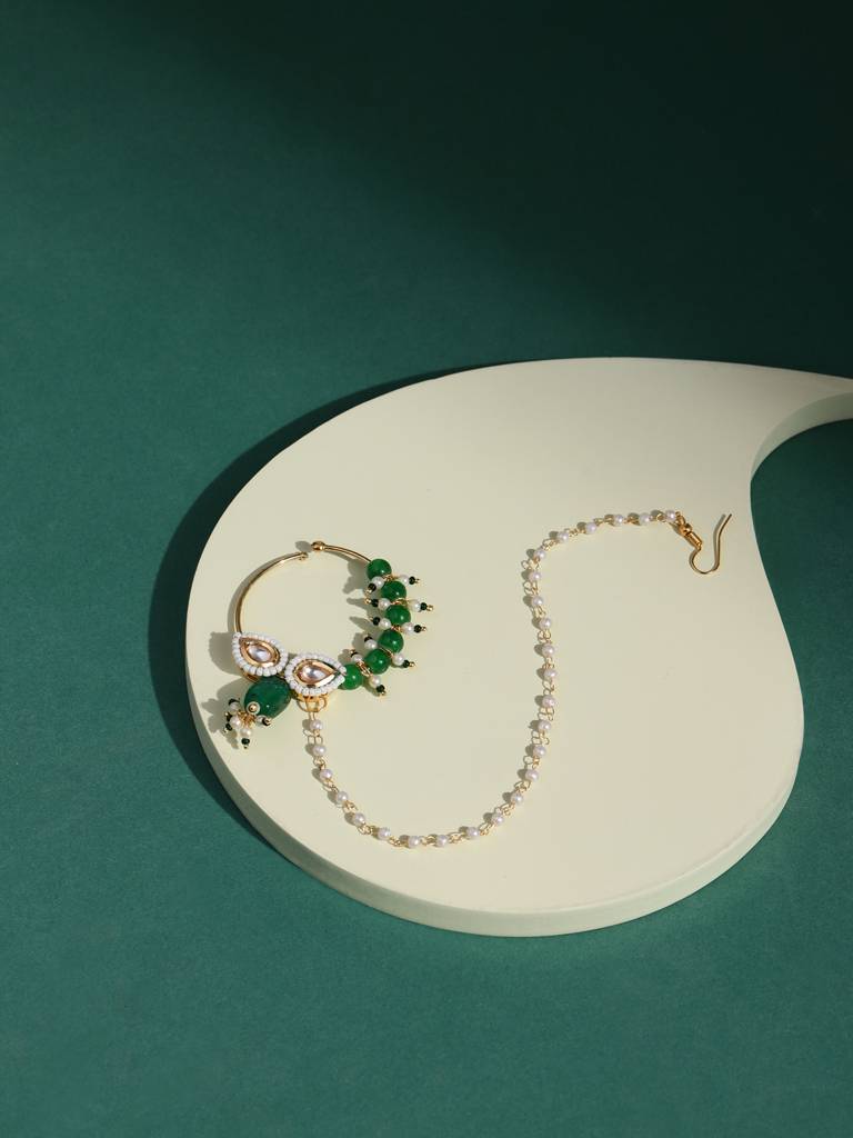 Midsized Green Kundan Nose Ring : RROCT22-76