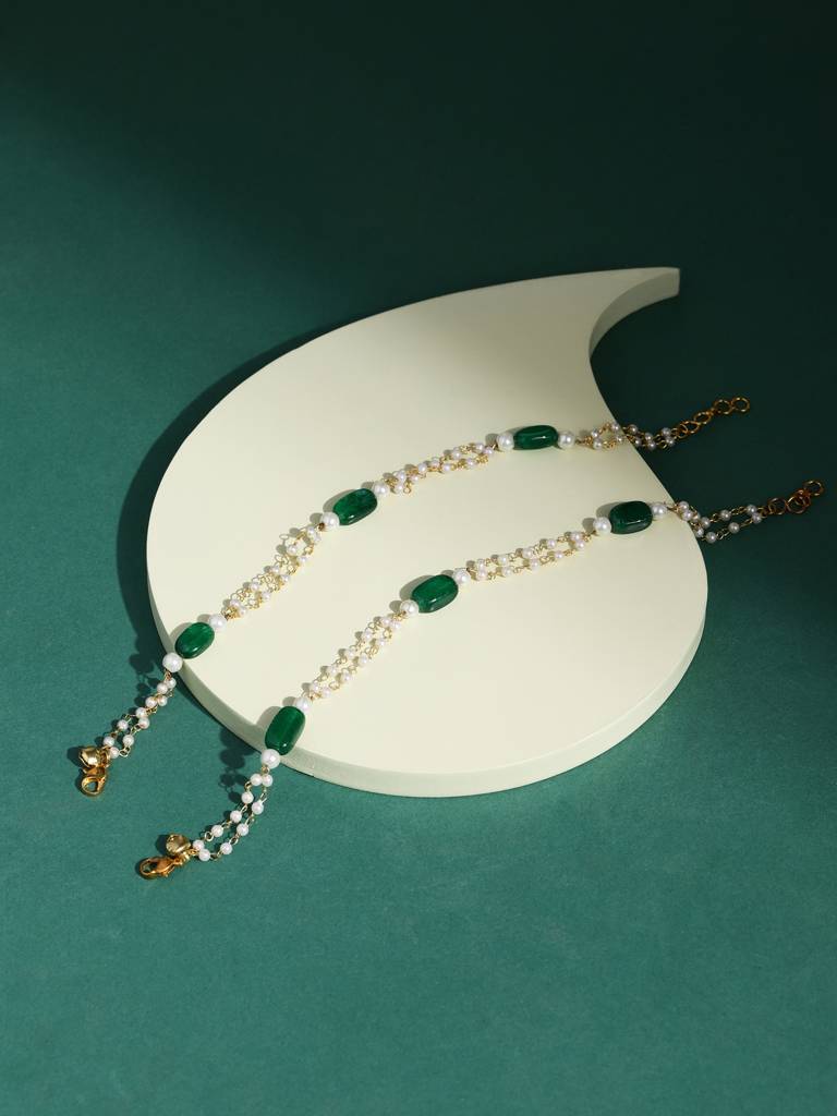 Green Stone And Pearl Anklets (Set Of 2) : RROCT22-77