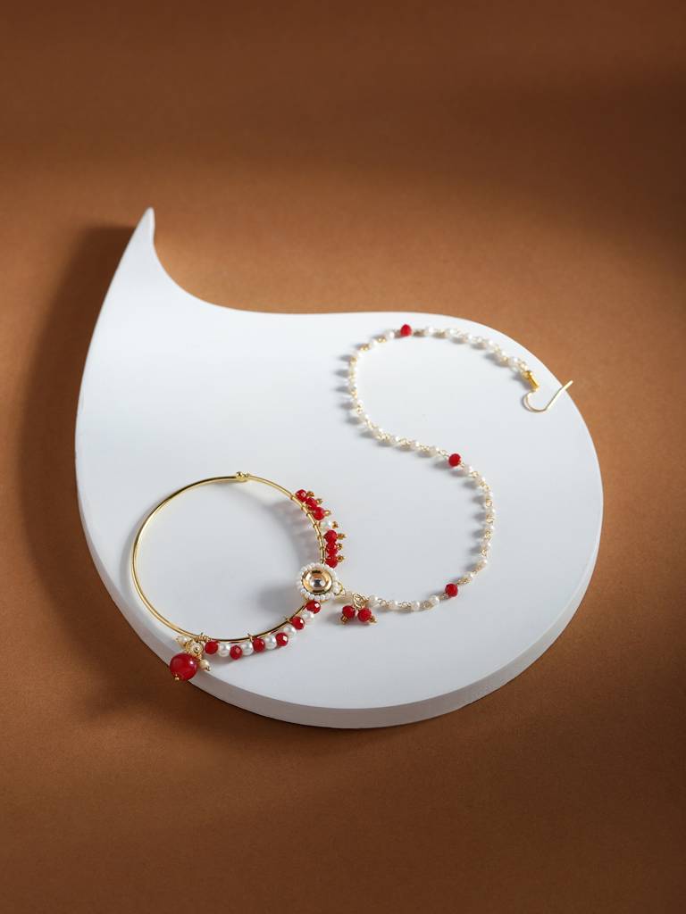 Red Stone And Pearl Stone Beaded Nose Ring : RROCT22-7