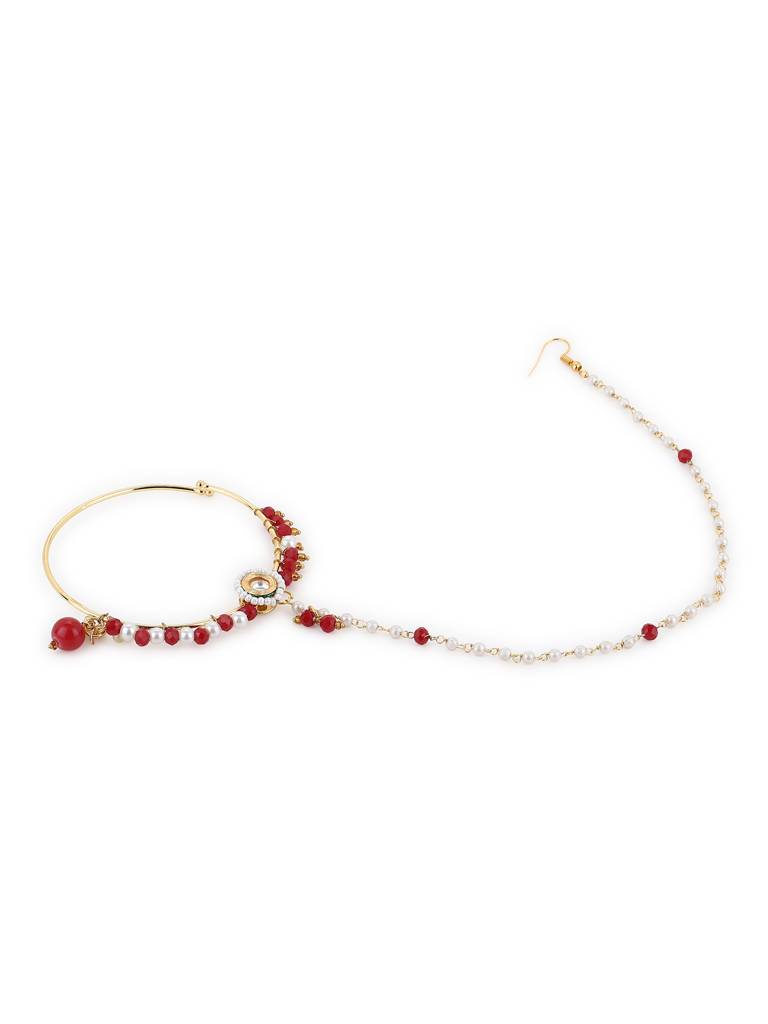 Red Stone And Pearl Stone Beaded Nose Ring : RROCT22-7