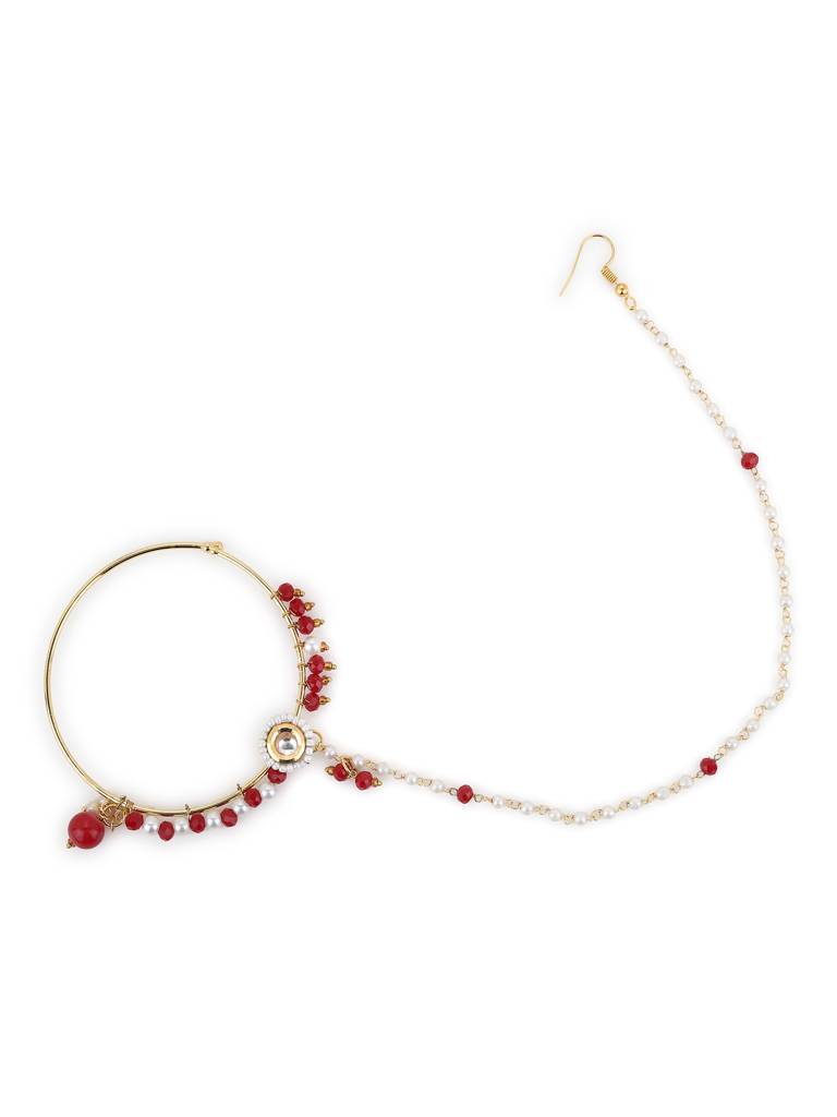 Red Stone And Pearl Stone Beaded Nose Ring : RROCT22-7