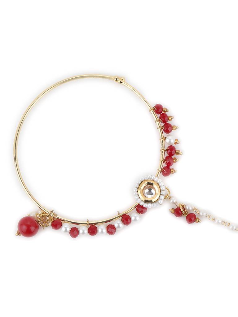 Red Stone And Pearl Stone Beaded Nose Ring : RROCT22-7