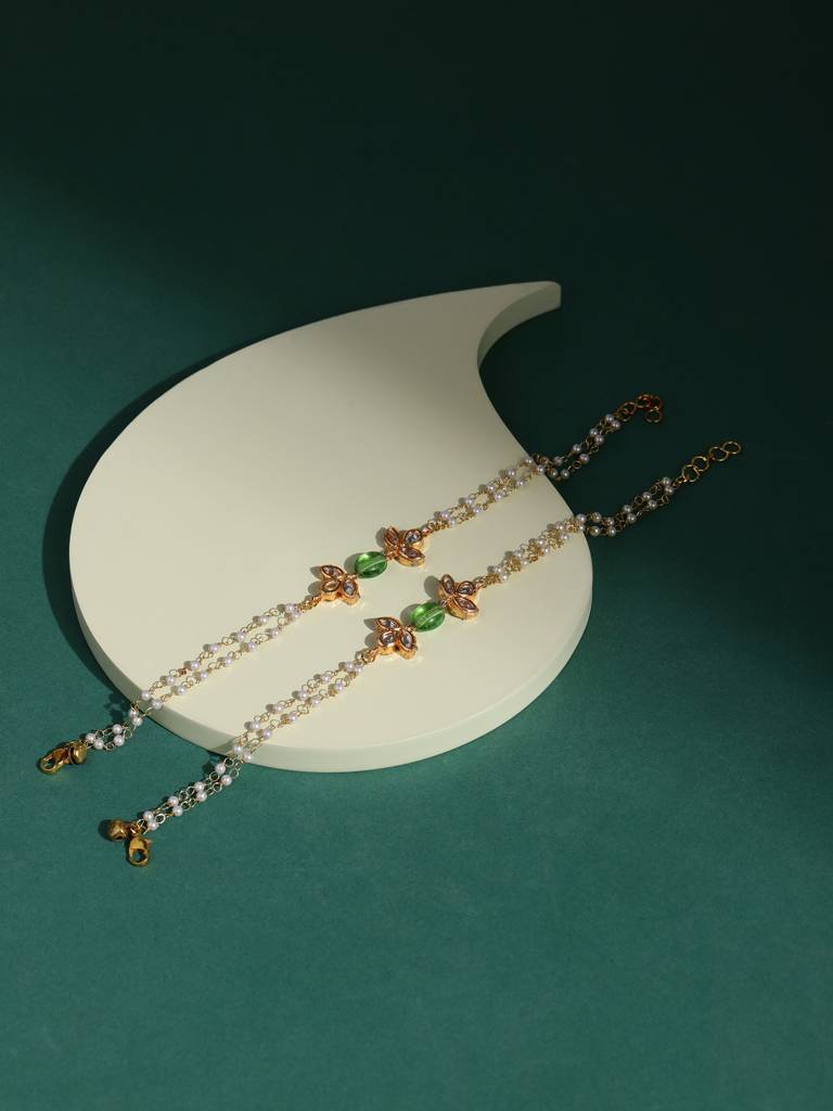 Kundan & Pearl With Mint Green Stone Anklets (Set Of 2) : RROCT22-80