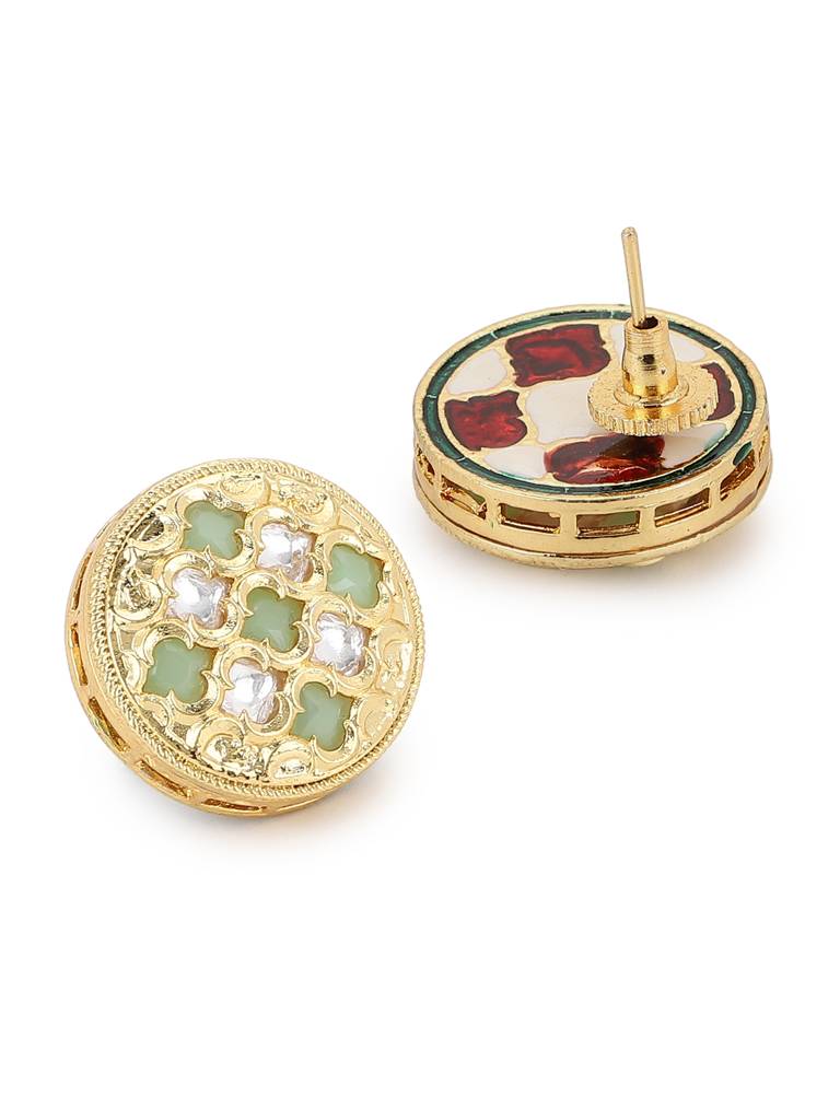Kundan And Mint Green Meenakari Studs : RROCT22-83