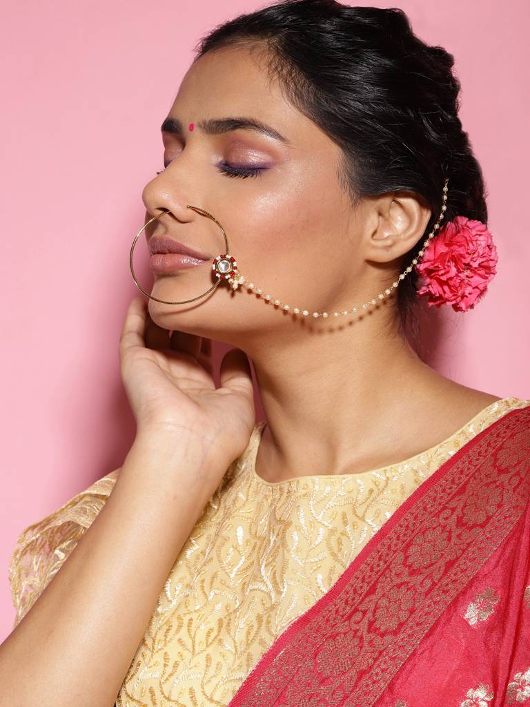 Red And White Beaded Nose Ring : RROCT22-8