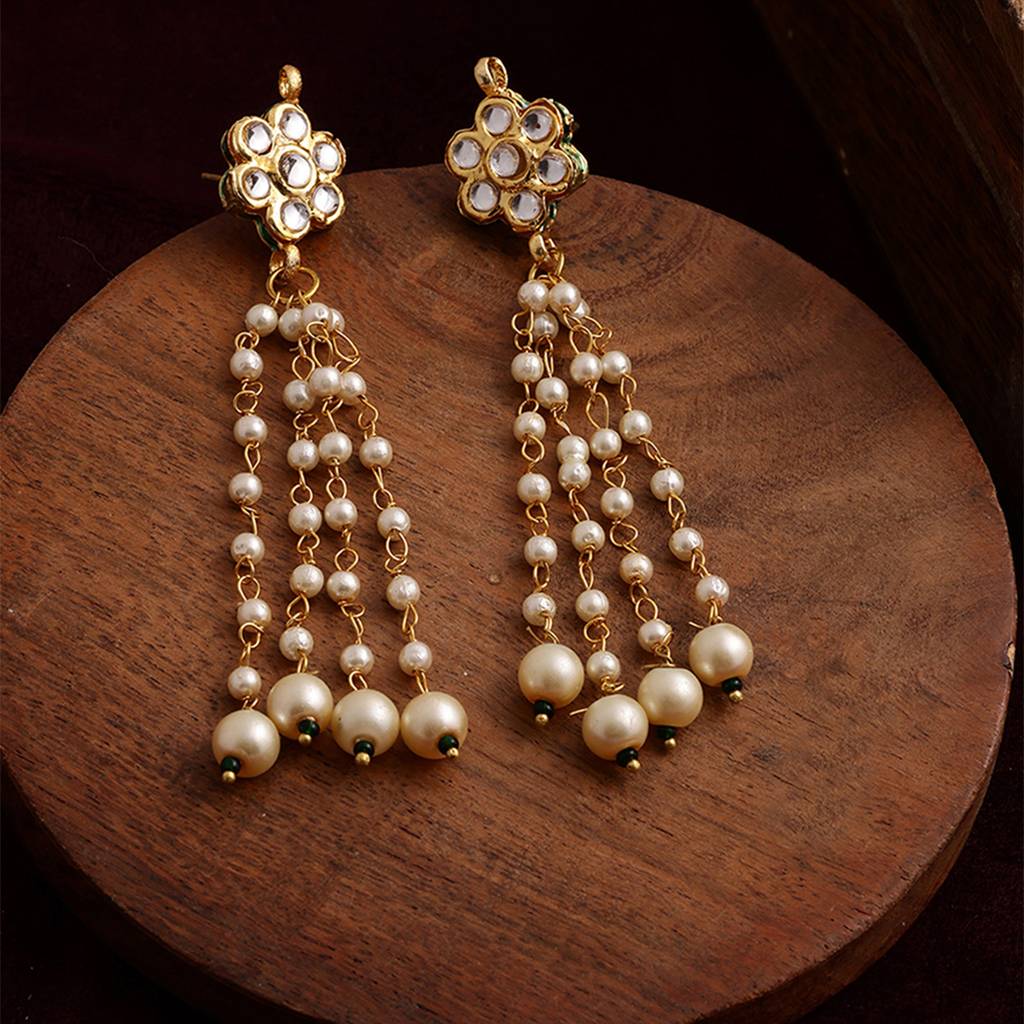 Long Dangler Kundan Pearl Earrings Brass Gold One Size