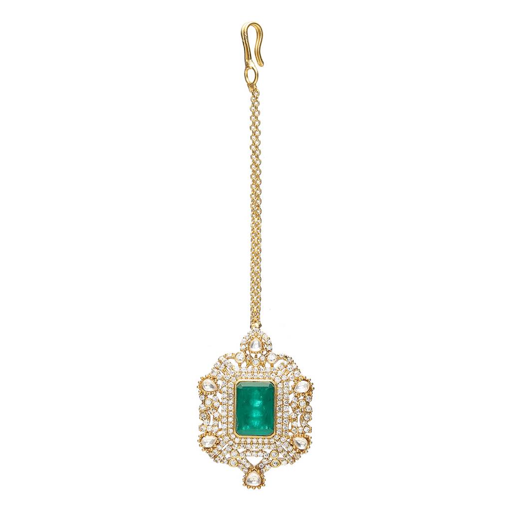 Kundan Maang Tikka With Diamonds & Emerald Stone : RRSEP24-28