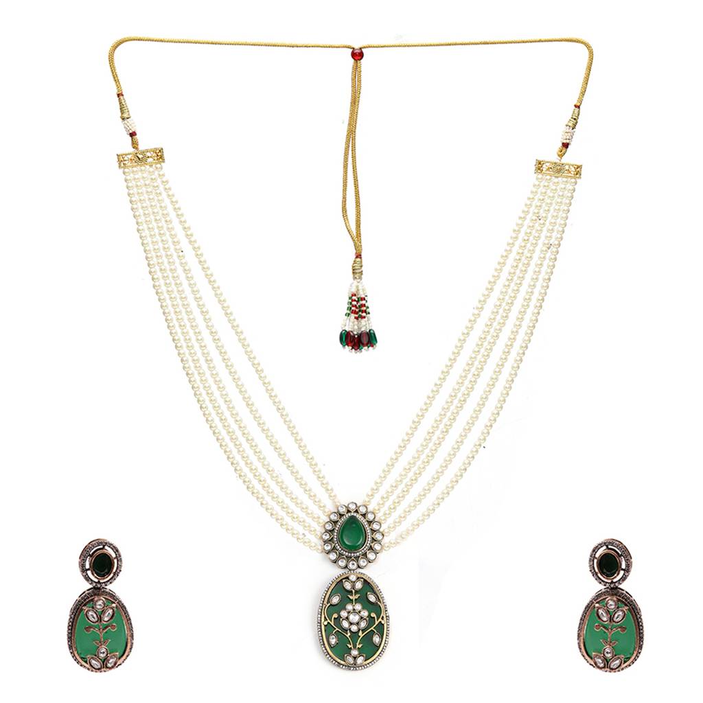 Long Pearl Layered Necklace With Pendant And Matching Earrings : RRSEP24-65