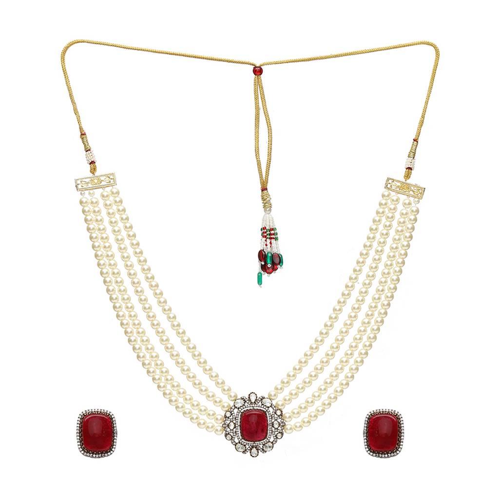 Maroon Stone And Mossainite Kundan In Pearls With Matching Studs : RRSEP24-67