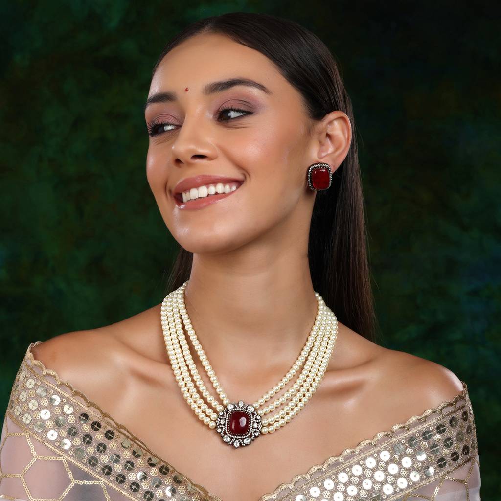 Maroon Stone And Mossainite Kundan In Pearls With Matching Studs : RRSEP24-67