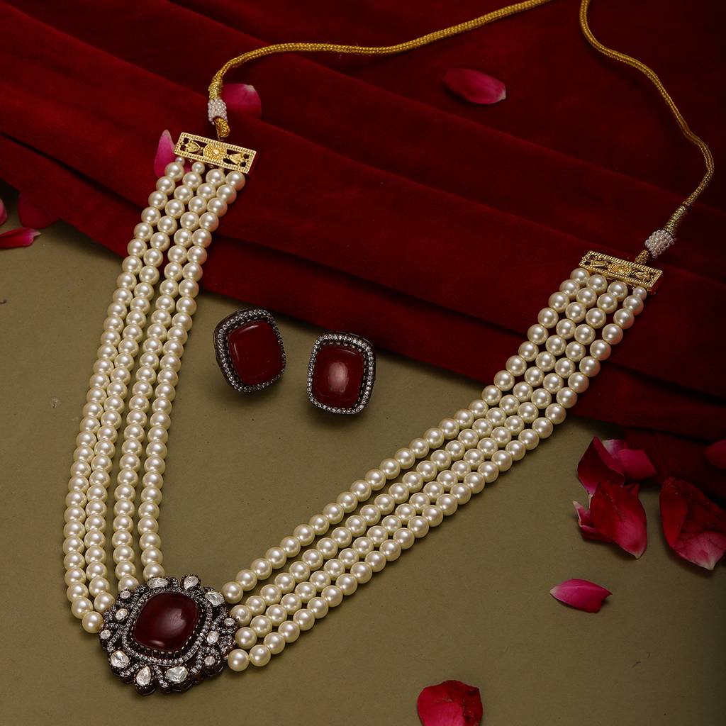 Maroon Stone And Mossainite Kundan In Pearls With Matching Studs : RRSEP24-67