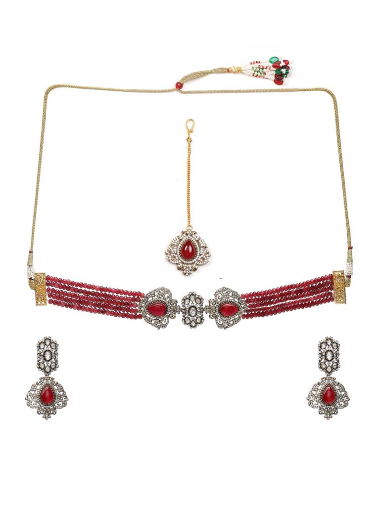 Maroon Stone And Mossainite Kundan In Maroon Onyx With Matching Earrings And Maang Tikka : RRSEP24-75