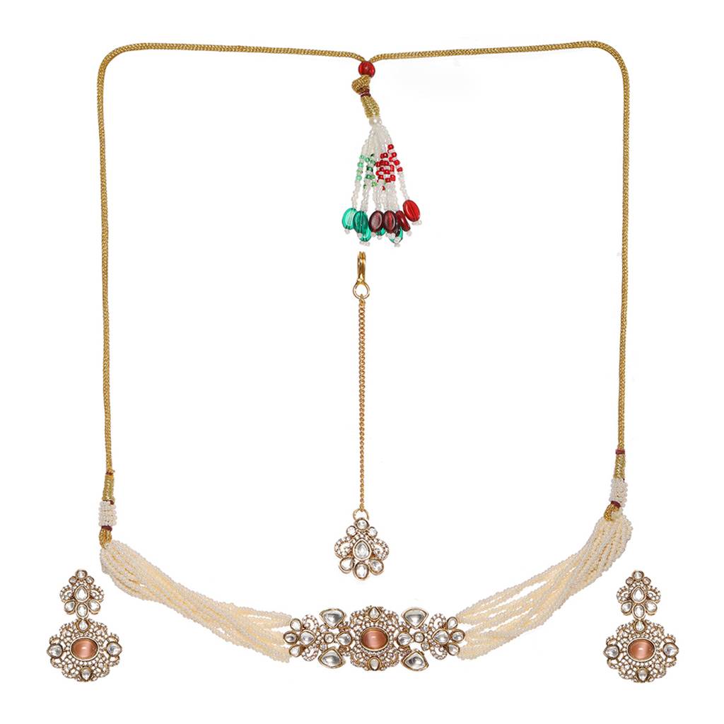 Stone And Mossainite Kundan In Pearls With Matching Earrings And Maang Tikka : RRSEP24-77