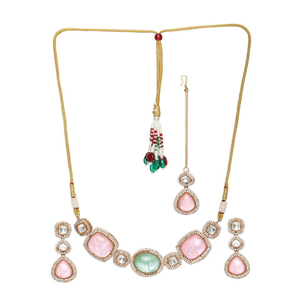 Multi Stone And Mossainite Kundan Choker With Matching Earrings And Maang Tikka : RRSEP24-78