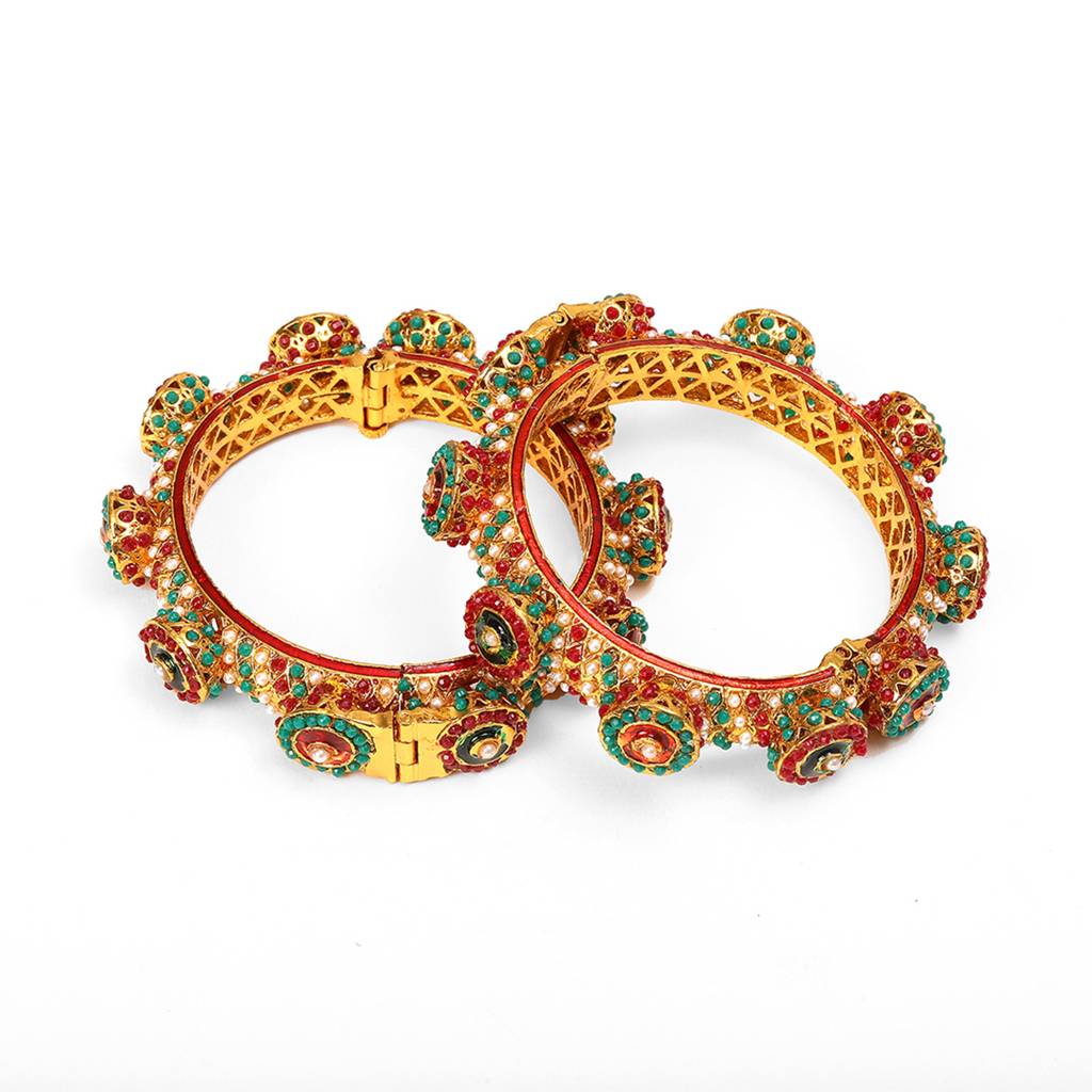 Rajwada Red - Green Hues Handcrafted Heavy Bangles (Set Of 2) : RRSEP24-81
