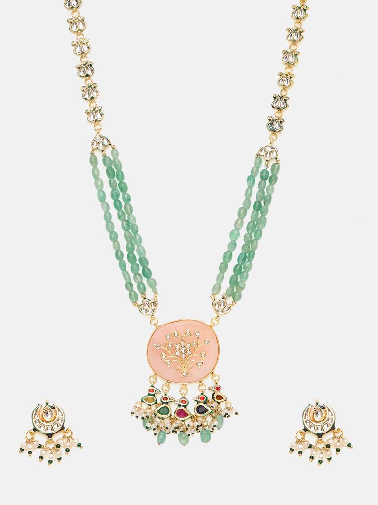 Long Kundan And Stonework Necklace With Earrings : RRSEP25-79