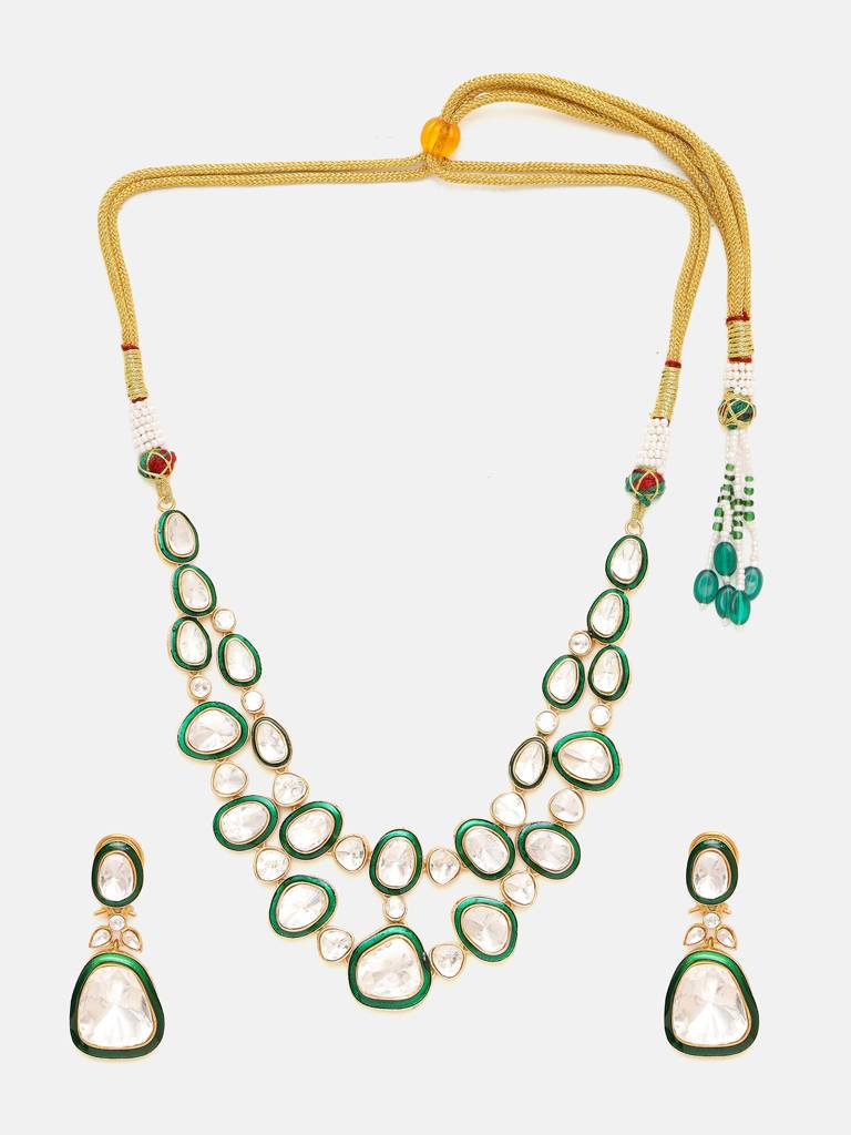 Green Meenakari Kundan Layered Necklace With Earrings : RRSEP25-91