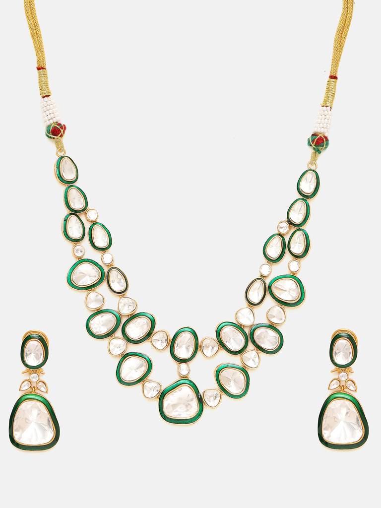 Green Meenakari Kundan Layered Necklace With Earrings : RRSEP25-91