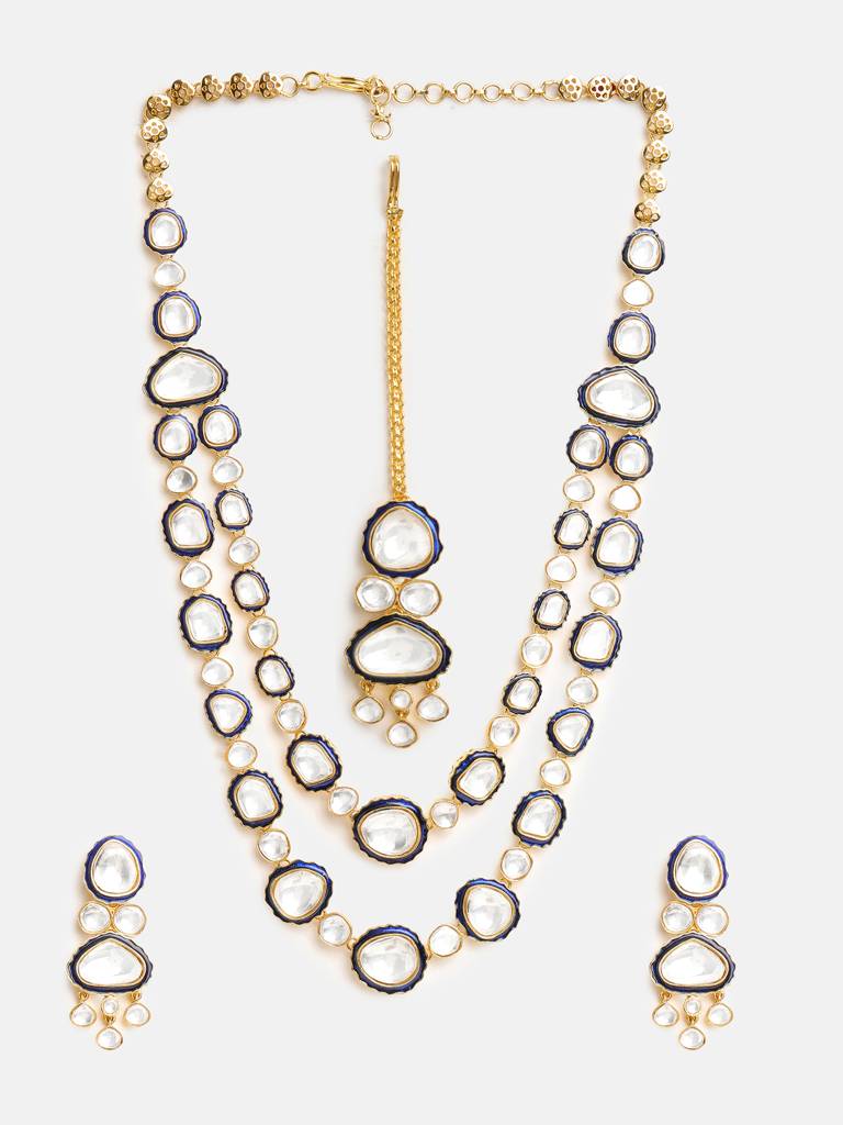 Blue Meenakari Kundan Layered Necklace With Earrings & Maang Tikka : RRSEP25-92