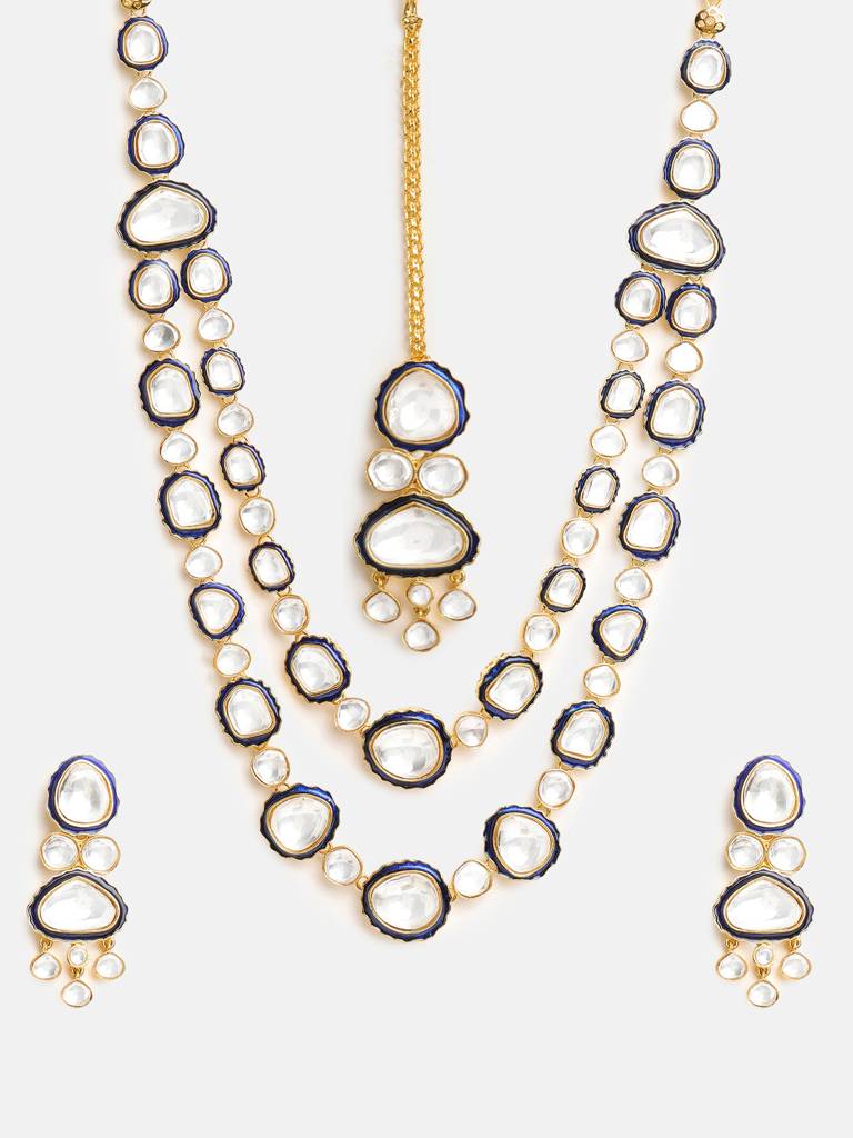 Blue Meenakari Kundan Layered Necklace With Earrings & Maang Tikka : RRSEP25-92