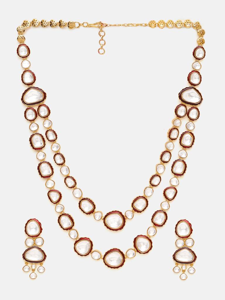 Red Meenakari Kundan Layered Necklace With Earrings & Maang Tikka : RRSEP25-93