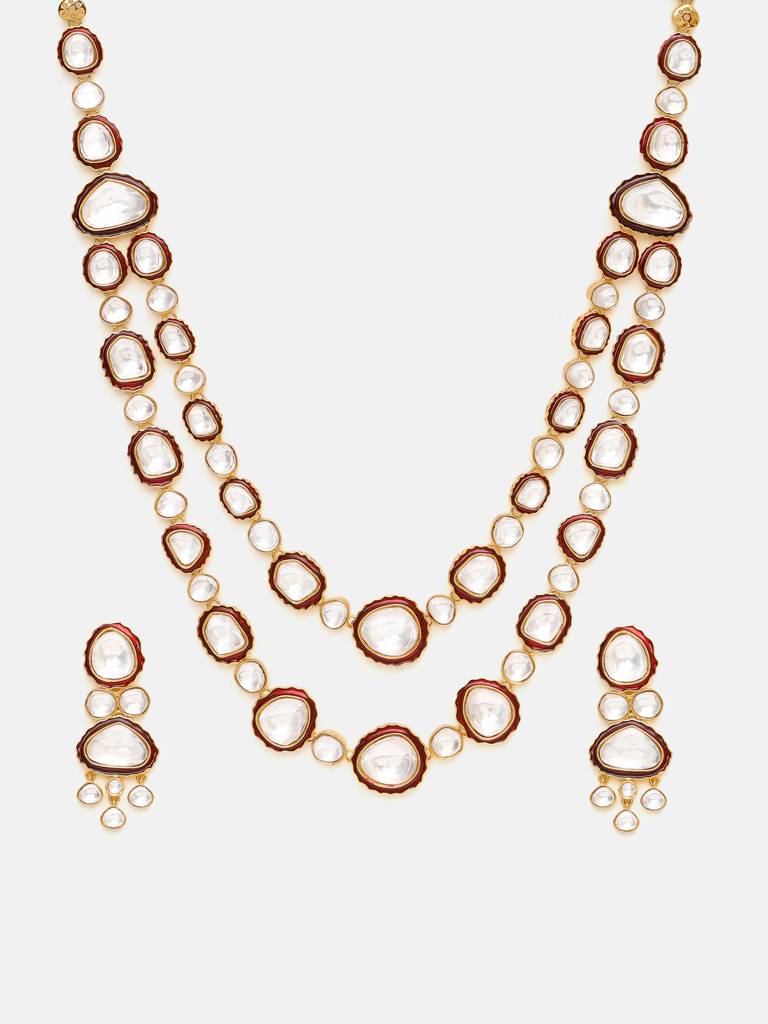 Red Meenakari Kundan Layered Necklace With Earrings & Maang Tikka : RRSEP25-93