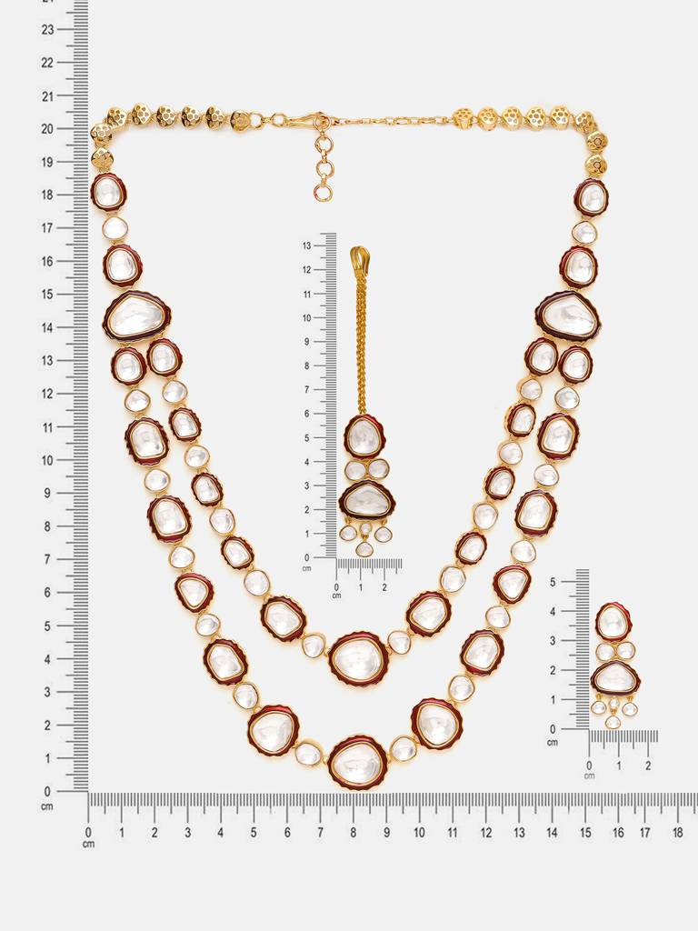Red Meenakari Kundan Layered Necklace With Earrings & Maang Tikka : RRSEP25-93