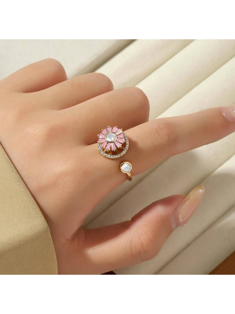 Haya Baguette Spinner Ring For Women & Girls Finger Ring Jewellery Accessories : RS13809-G-PNK