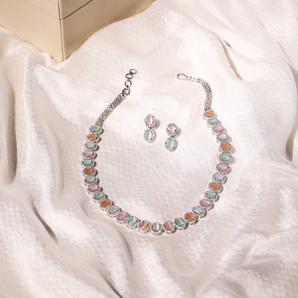 Blush Colored Diamond & Semi Precious Stone Neckpiece With Earrings : RSA22-13