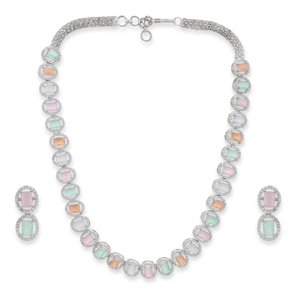 Blush Colored Diamond & Semi Precious Stone Neckpiece With Earrings : RSA22-13