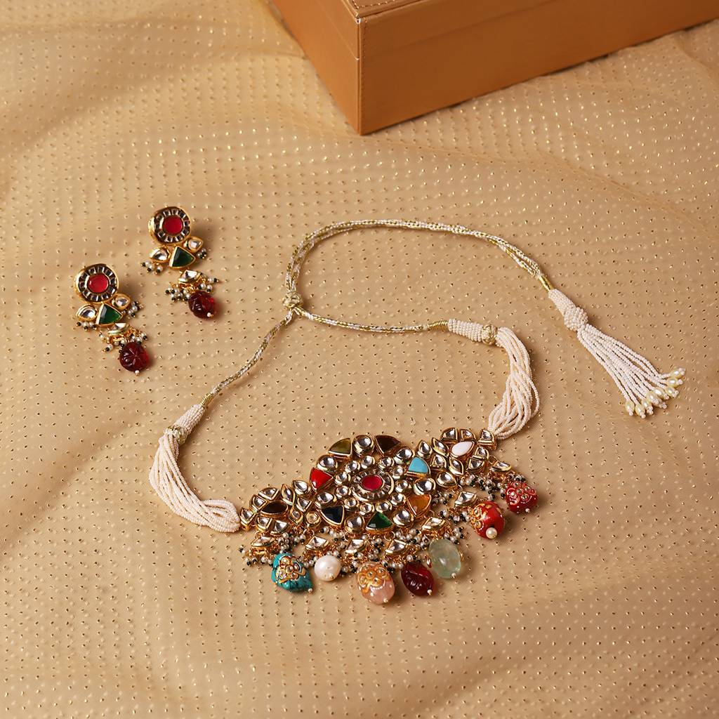 Maharani Multi Kundan Choker With Earrings : RSA22-14