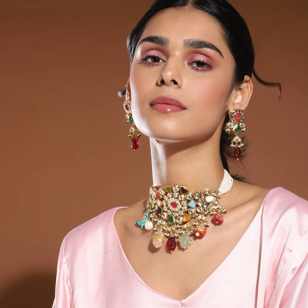 Maharani Multi Kundan Choker With Earrings : RSA22-14
