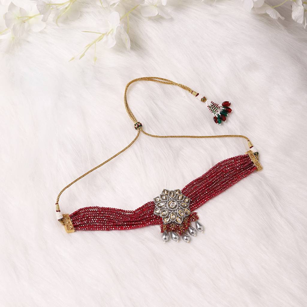 Maroon Kundan Choker With Pearl Drops : RSA22-1