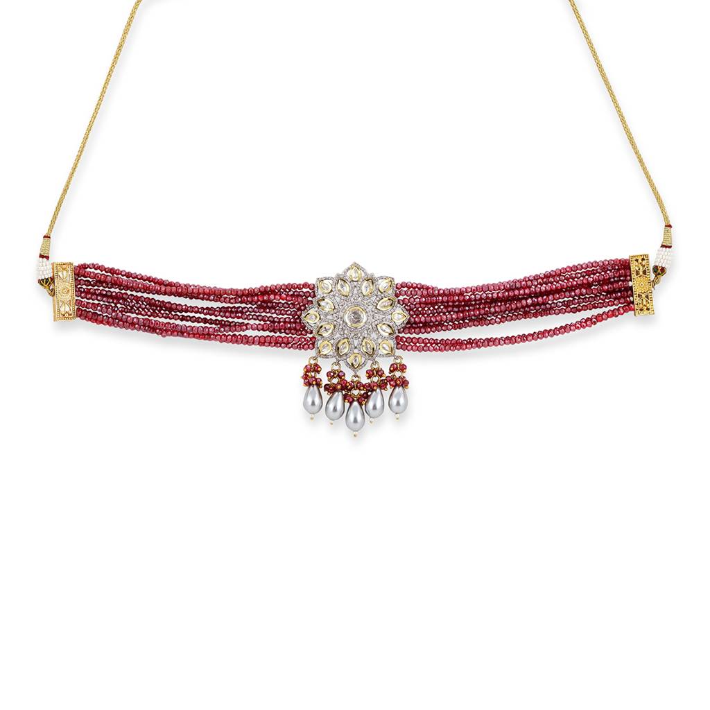 Maroon Kundan Choker With Pearl Drops : RSA22-1