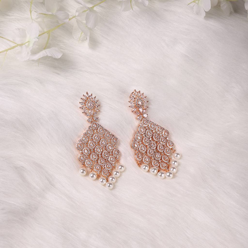 Rose Gold Long Earrings With Pearl Drops : RSA22-35