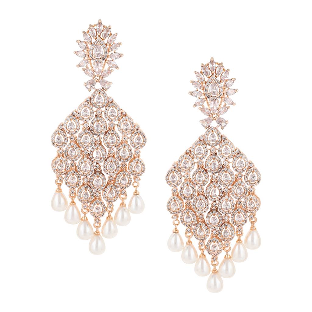 Rose Gold Long Earrings With Pearl Drops : RSA22-35