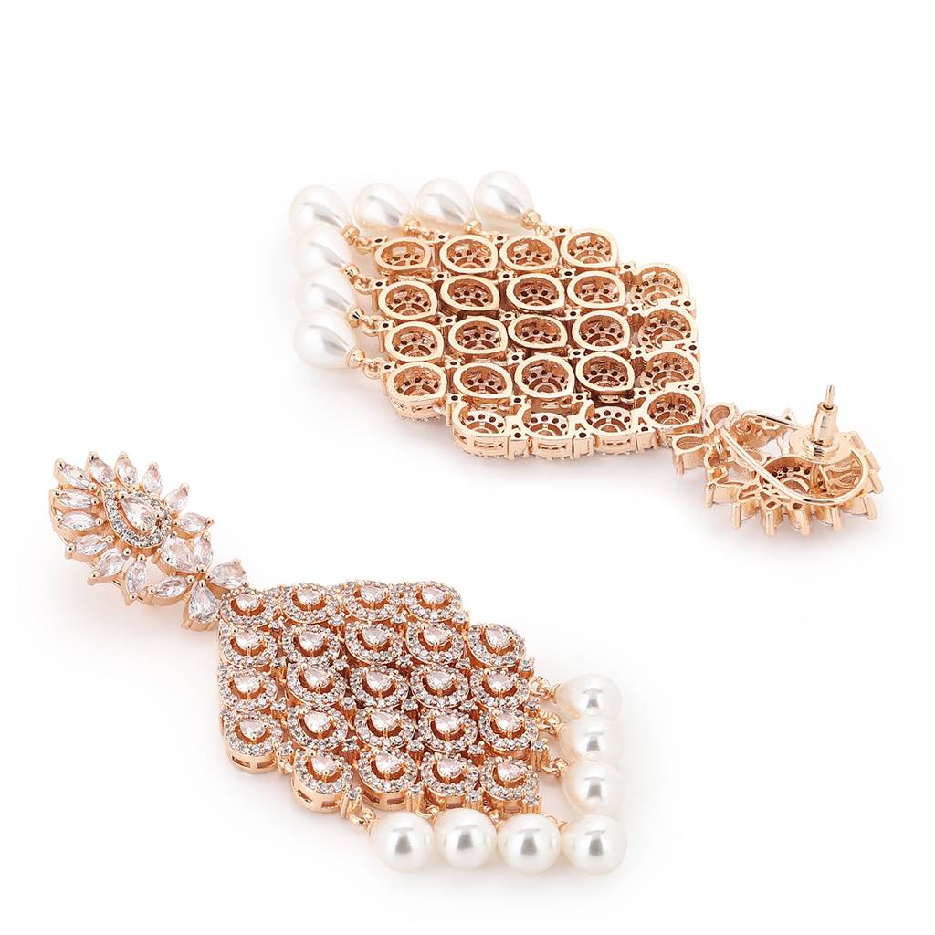 Rose Gold Long Earrings With Pearl Drops : RSA22-35