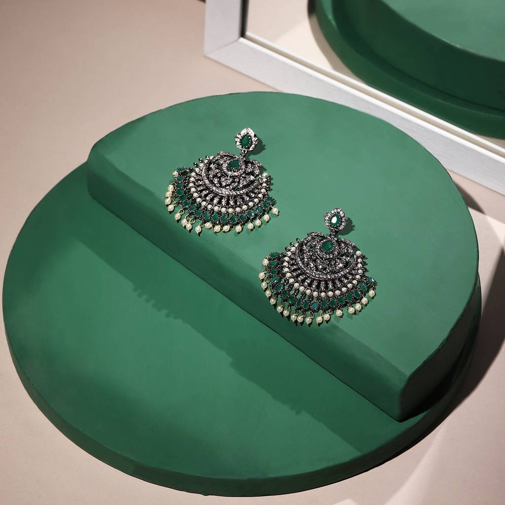 Green & Silver Diamond Chand Earrings : RSA22-41