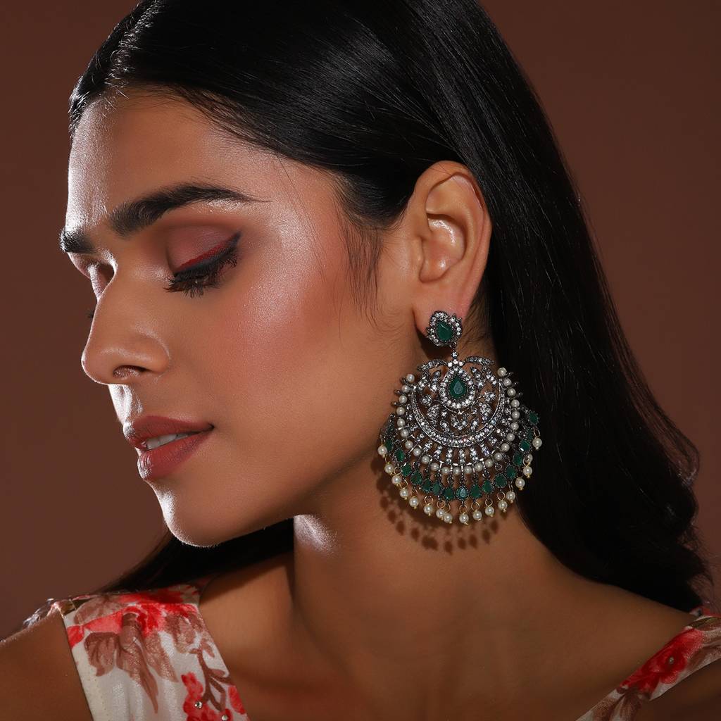 Green & Silver Diamond Chand Earrings : RSA22-41