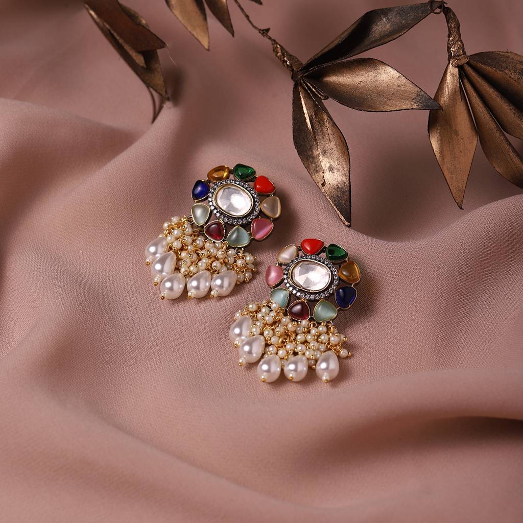 Navaratan Studs With Pearl Drops : RSA22-47