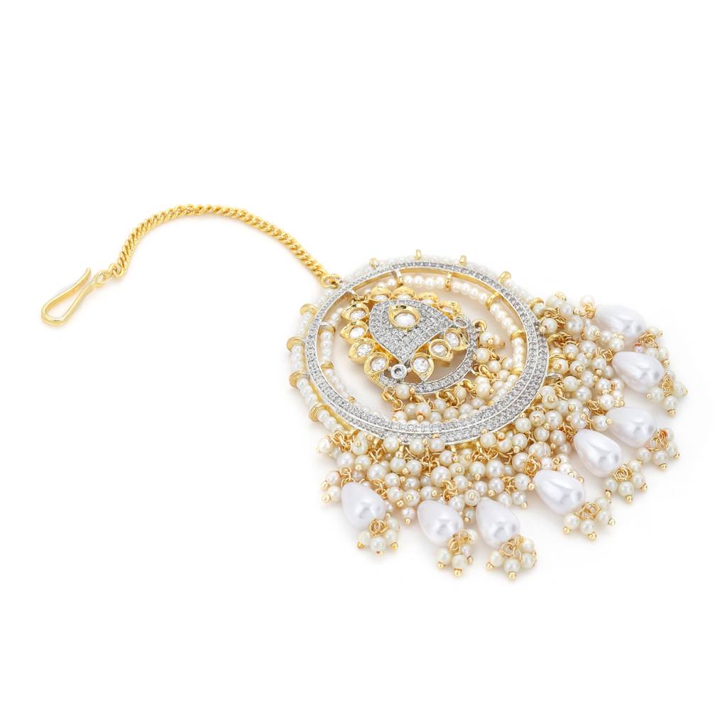 Kundan Chand Maang Tikka With Pearl Drops : RSA22-55