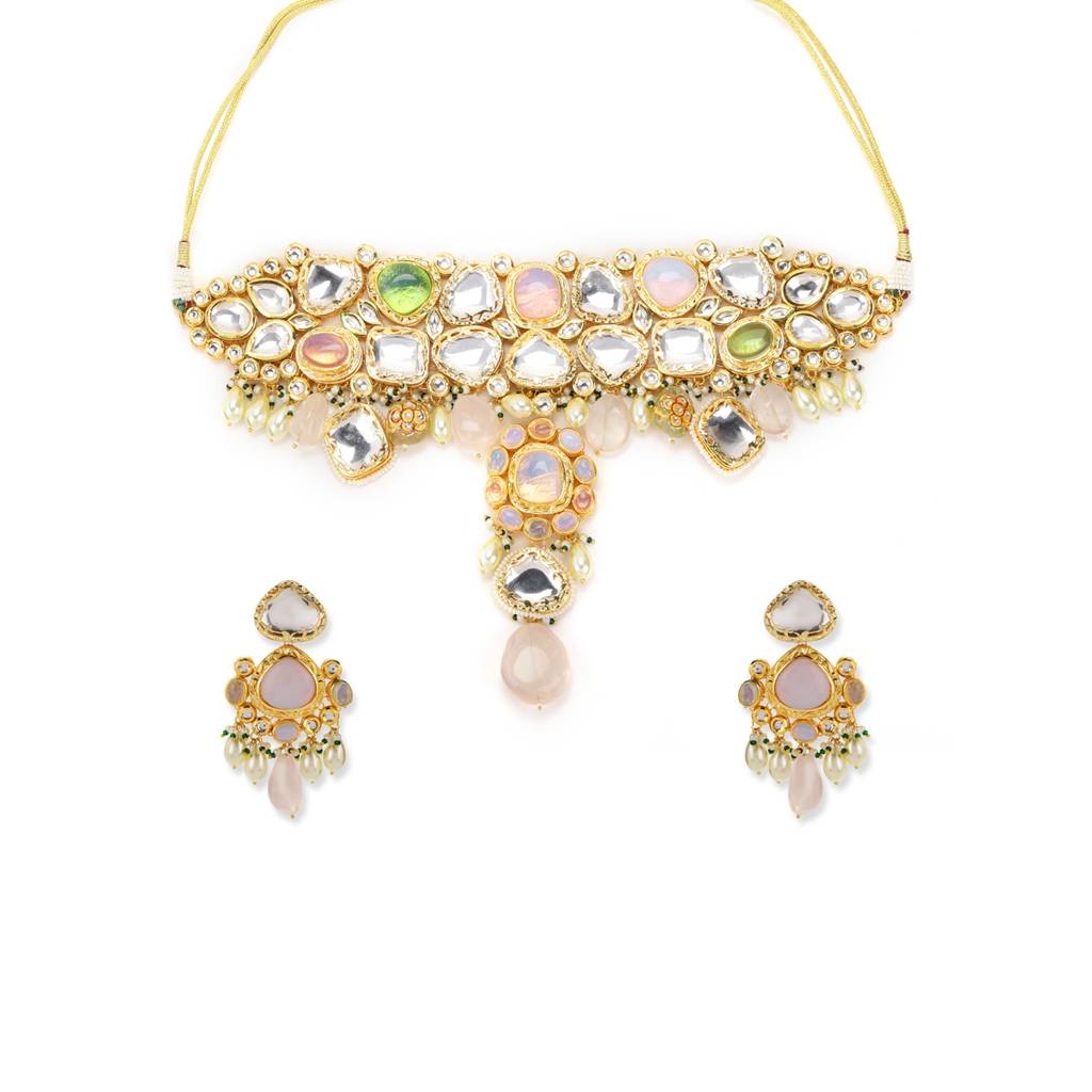 Multi Stone Maharani Kundan Neckpiece With Earrings And Maang Tikka : RSJULY22-1