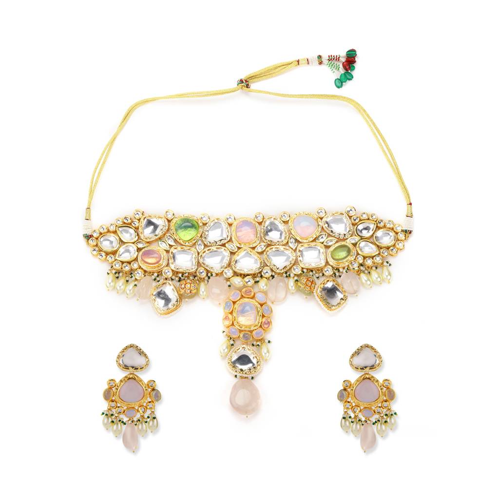 Multi Stone Maharani Kundan Neckpiece With Earrings And Maang Tikka : RSJULY22-1