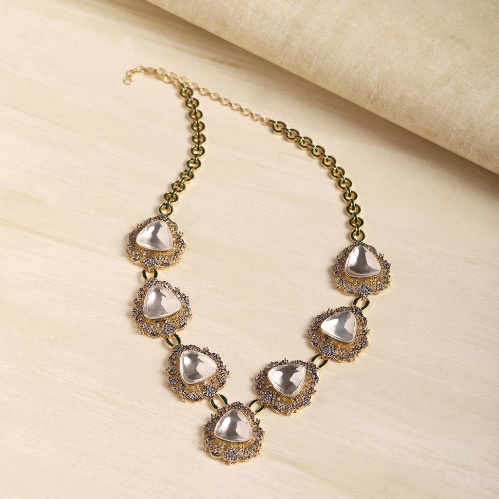 Long Dual Tone Kundan And Diamond Neckpiece : RSJULY22-24