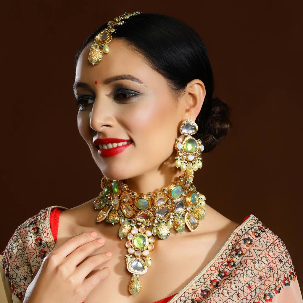 Green Maharani Kundan Neckpiece With Earrings And Maang Tikka : RSJULY22-2