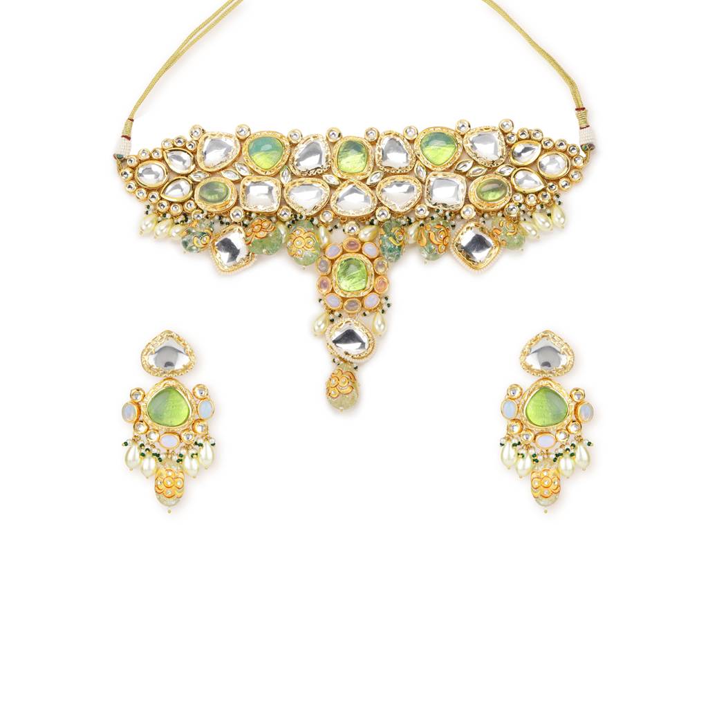 Green Maharani Kundan Neckpiece With Earrings And Maang Tikka : RSJULY22-2