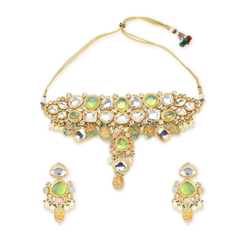 Green Maharani Kundan Neckpiece With Earrings And Maang Tikka : RSJULY22-2