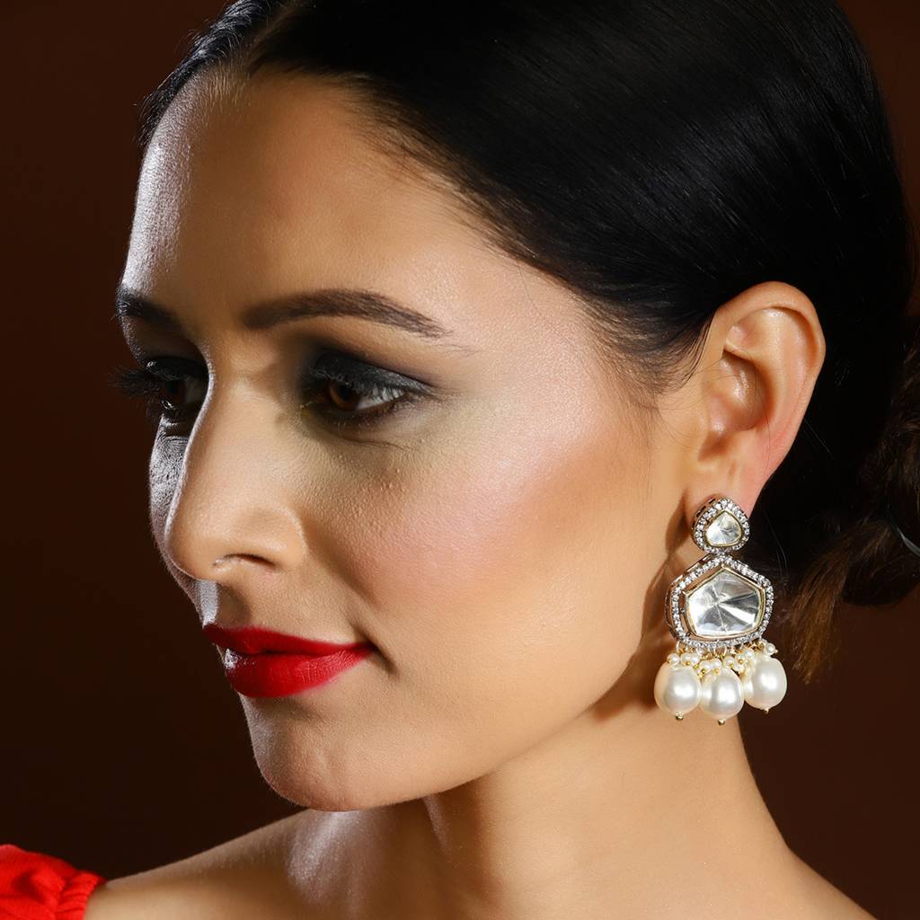 Kundan And Diamond Stone Earrings With Pearls : RSJULY22-50