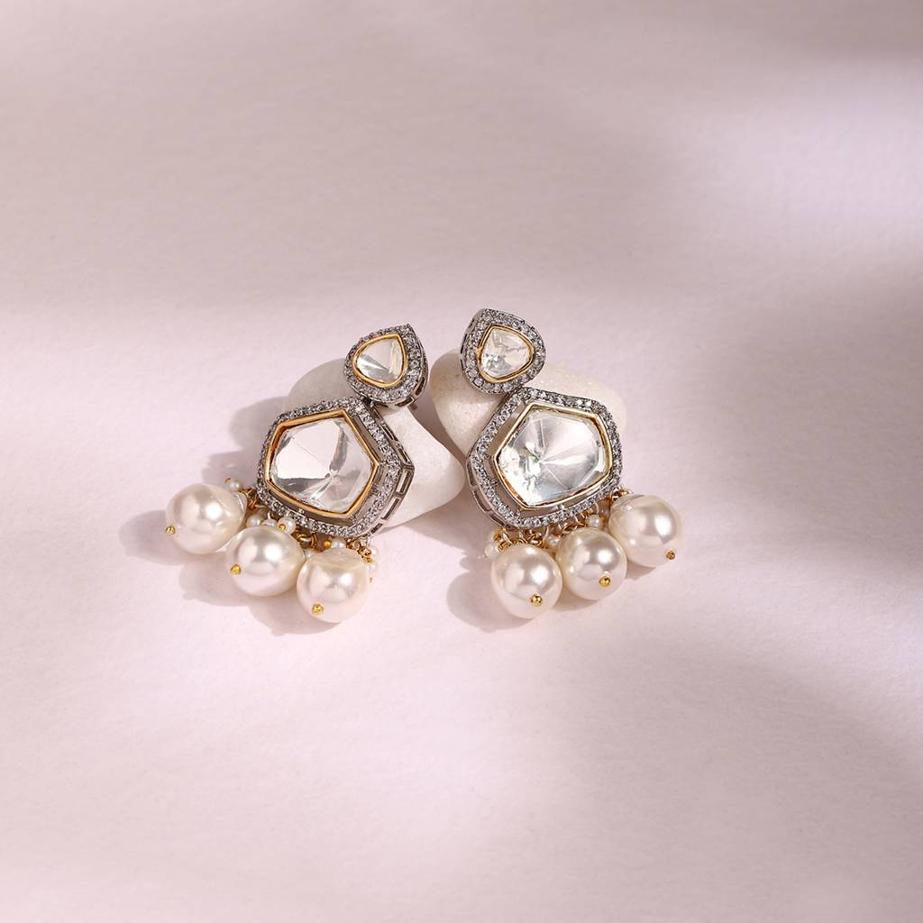 Kundan And Diamond Stone Earrings With Pearls : RSJULY22-50