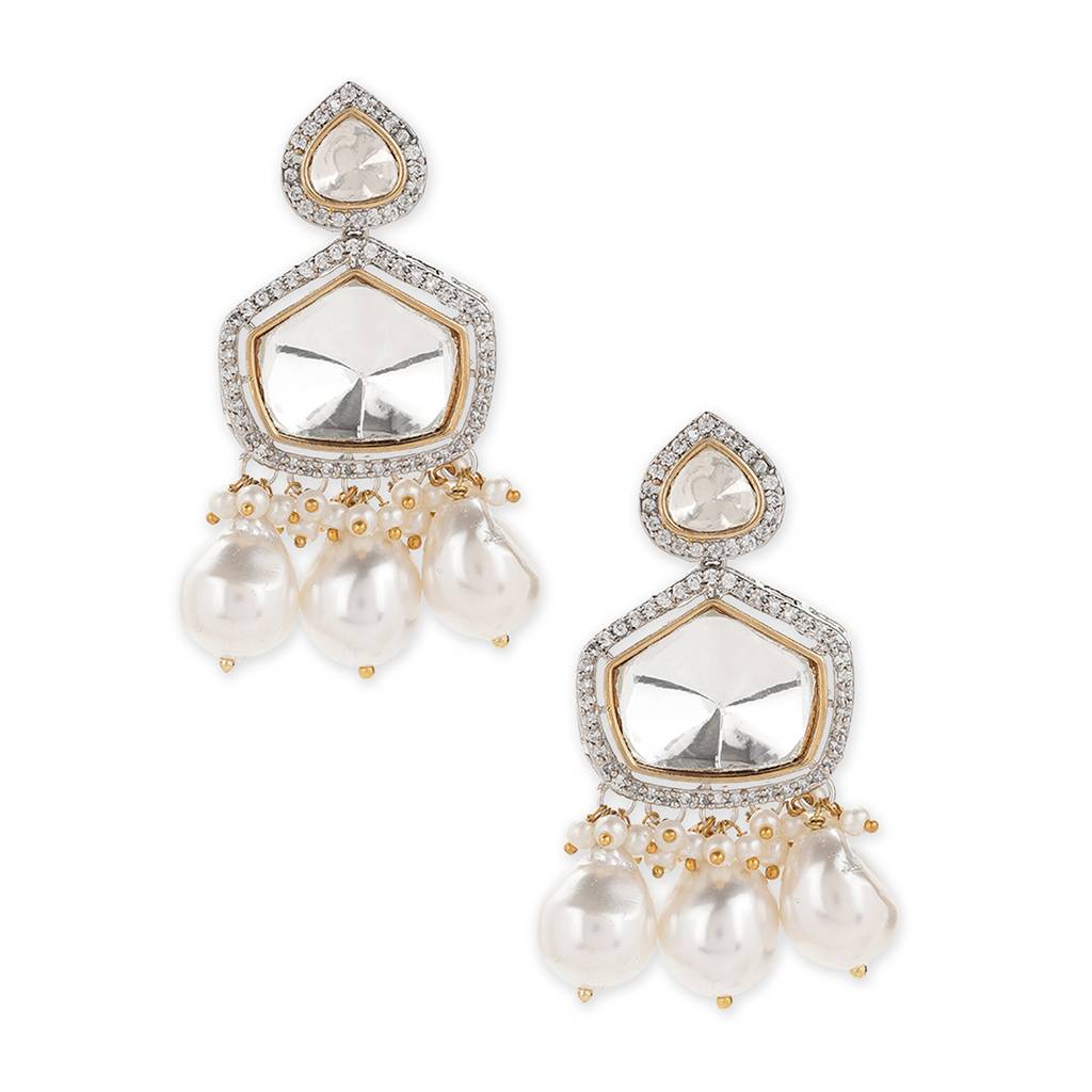 Kundan And Diamond Stone Earrings With Pearls : RSJULY22-50